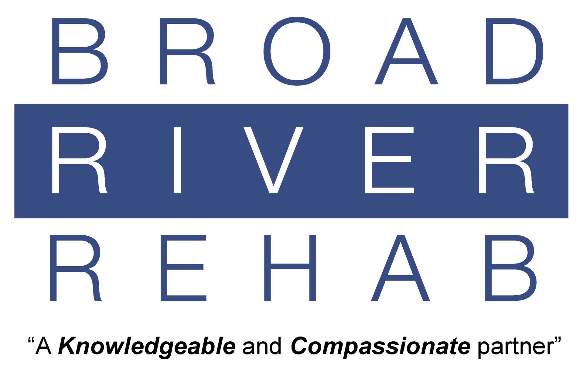 Logo for Broad River Rehab with blue text on a white background and the tagline,