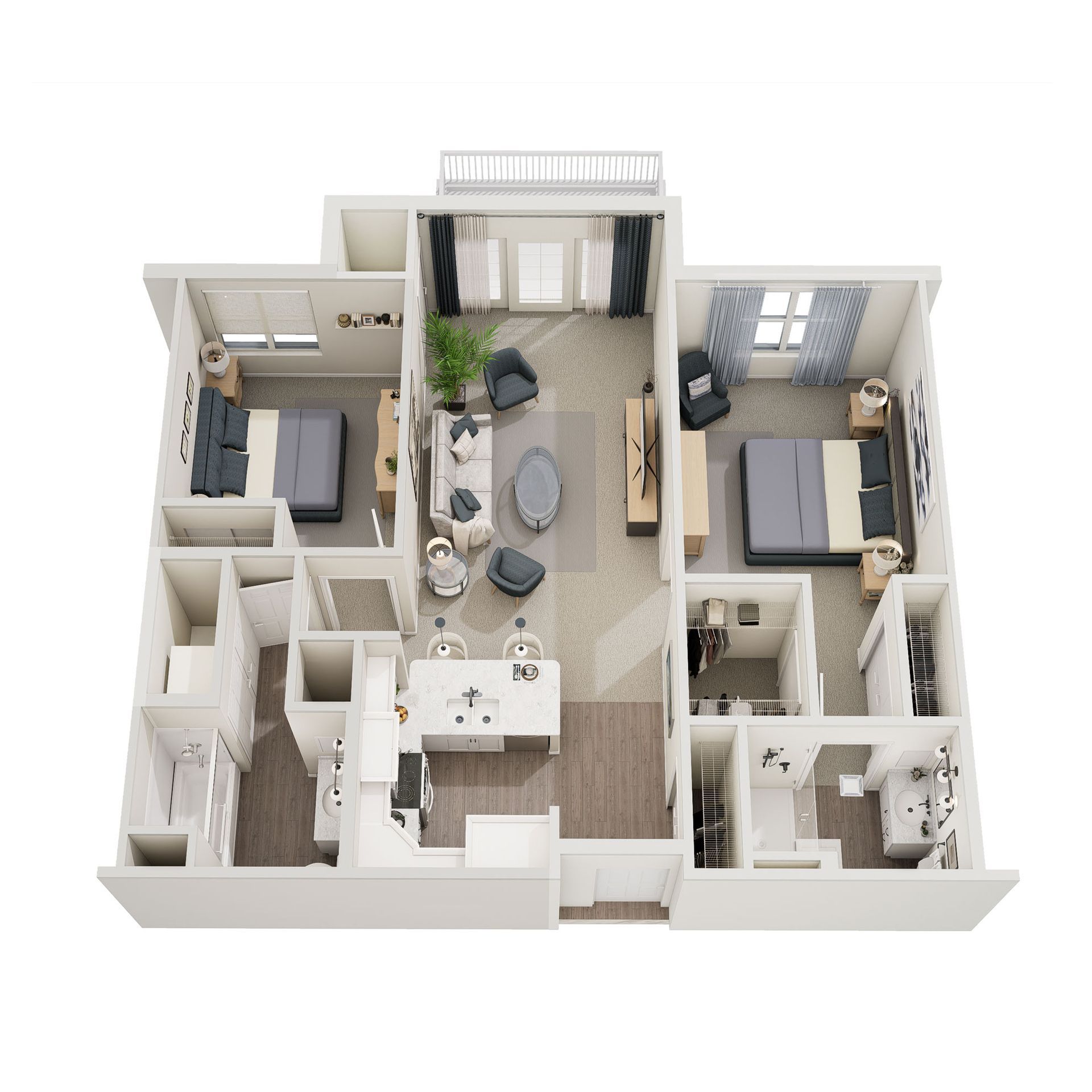 3D floor plan of a two-bedroom apartment with a central living area, kitchen, two bathrooms, and a balcony.