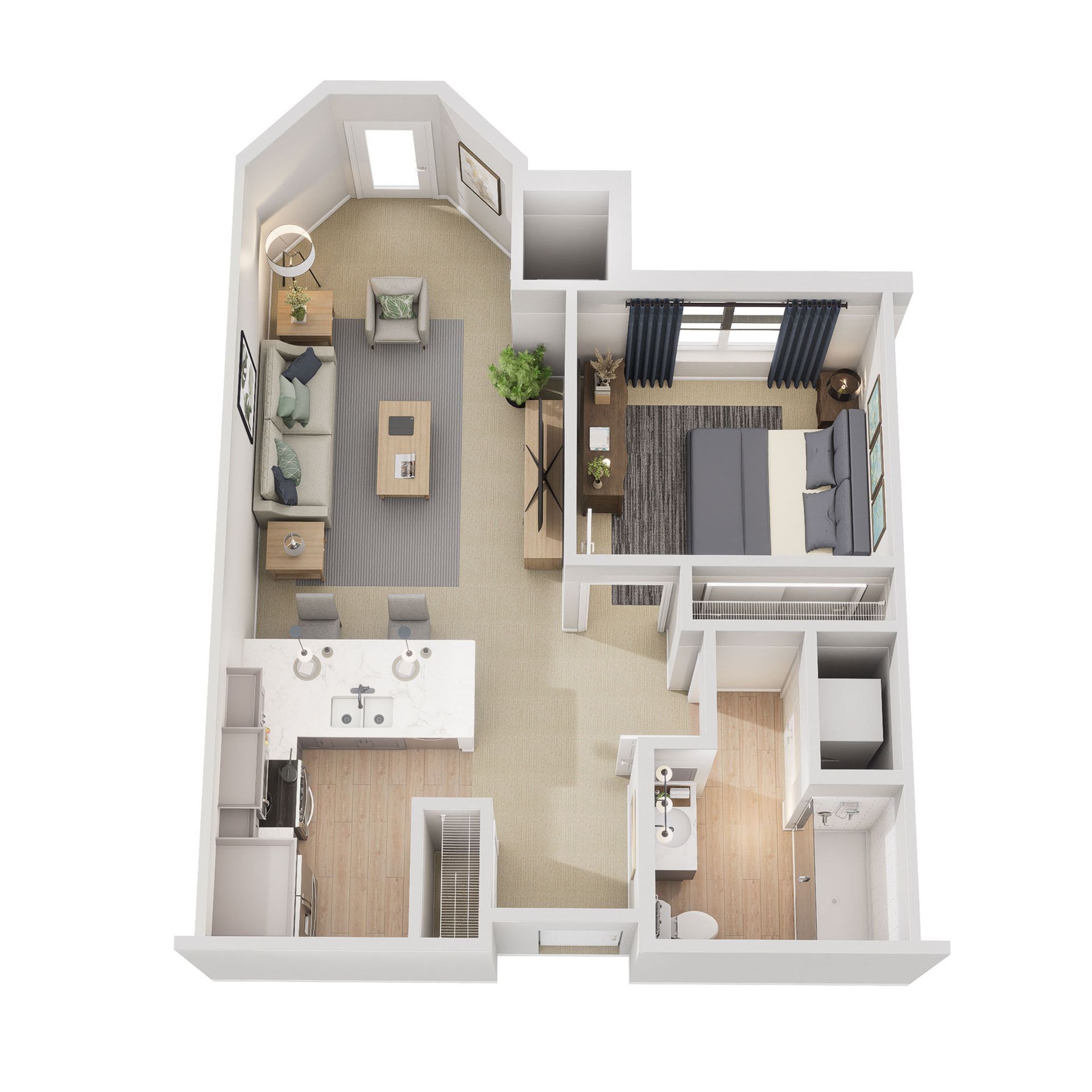 3D floor plan of a one-bedroom apartment with an open living area, kitchen, bathroom, and bedroom.