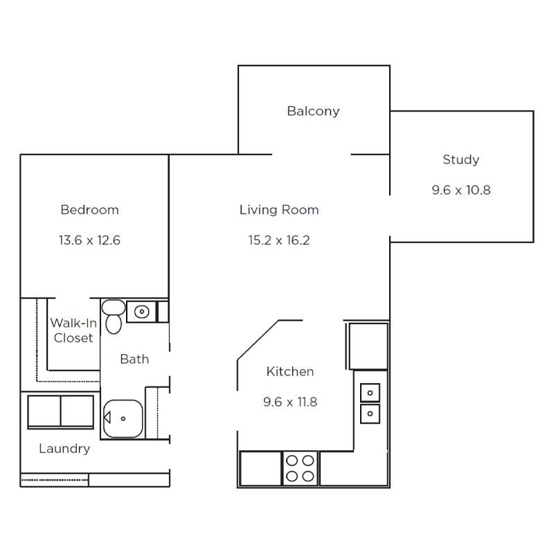 Floor plan for a one-bedroom apartment with a living room, kitchen, bathroom, laundry room, balcony, and study.