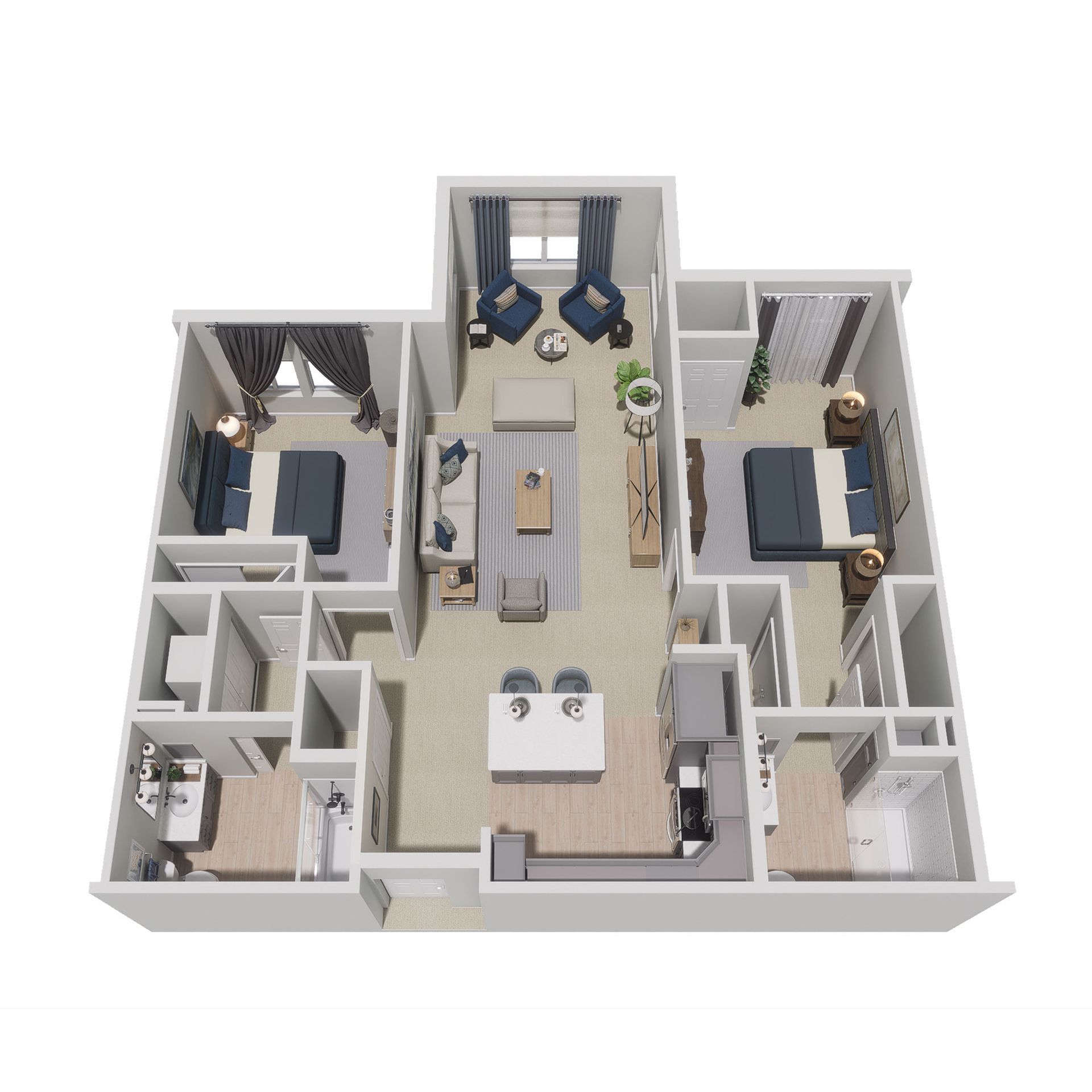 A 3D floor plan showing a two-bedroom apartment with a central living area, kitchen, and two bathrooms.