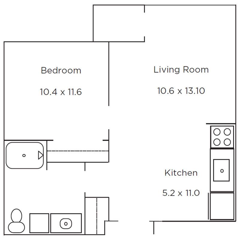 Floor plan of a one-bedroom apartment with a bedroom, living room, kitchen, and bathroom.