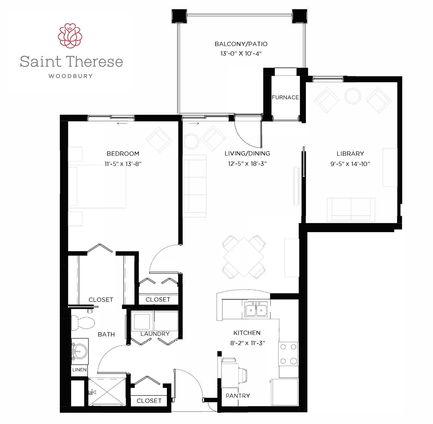 Floor plan for a Saint Therese apartment, showing two bedrooms, a bathroom, kitchen, dining/living area, and balcony.