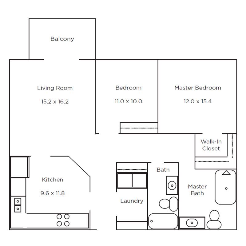 Floor plan of a two-bedroom apartment featuring a living room, balcony, kitchen, laundry room, two baths, and walk-in closet.