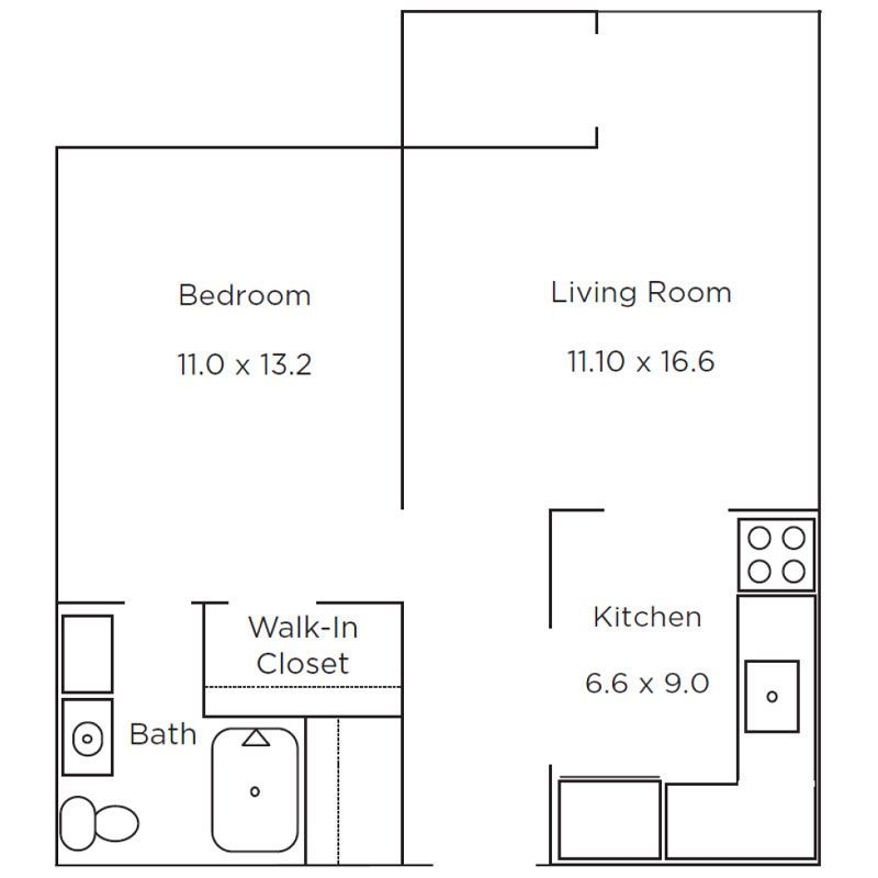 Floor plan of a one-bedroom apartment including a living room, kitchen, bedroom, walk-in closet, and bathroom.