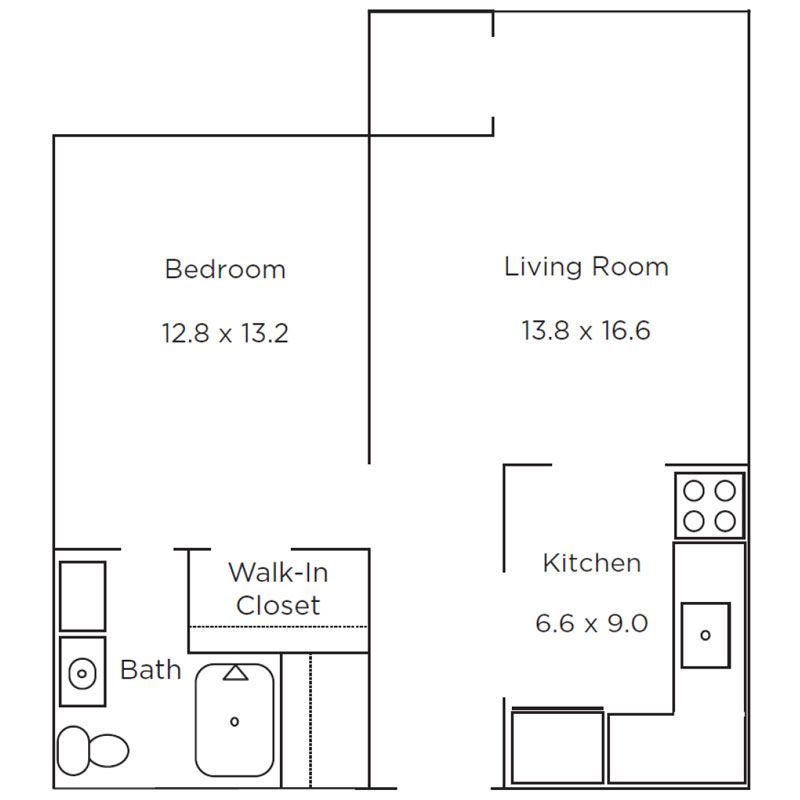 Floor plan of a one-bedroom apartment showing the layout of the bedroom, walk-in closet, bathroom, kitchen, and living room.