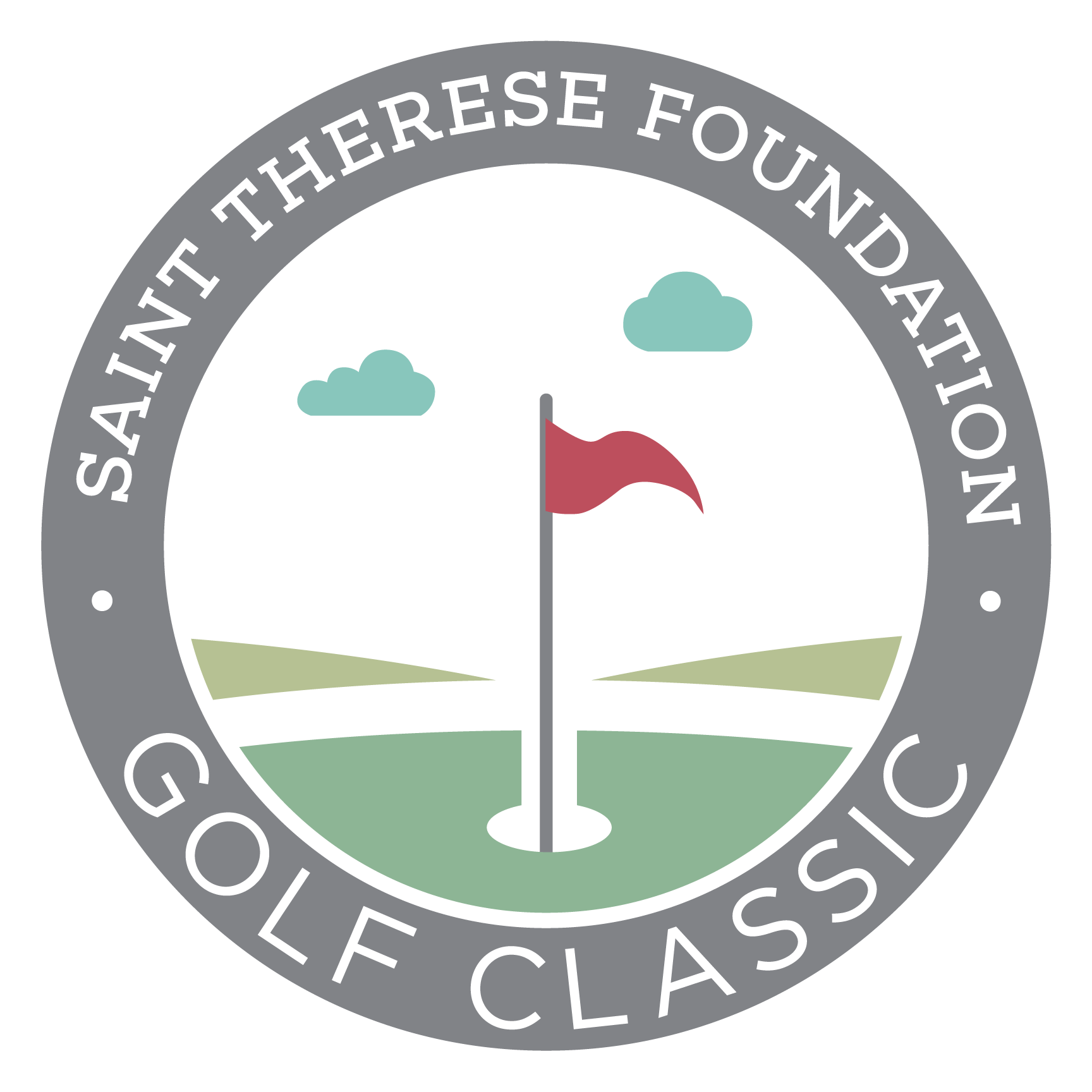 Circular logo for the Saint Therese Foundation Golf Classic featuring a golf flag on a green field under two clouds.