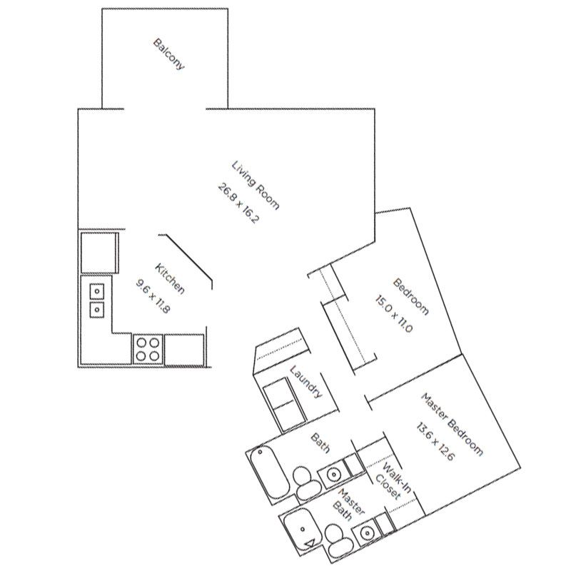A floor plan of a two-bedroom apartment, showing the layout of the kitchen, living room, balcony, bathrooms, and closets.