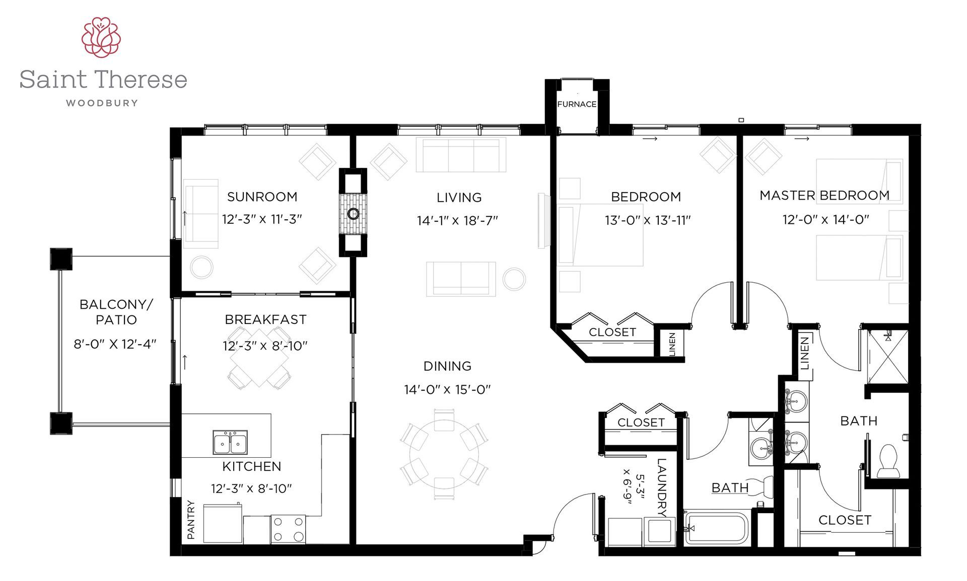 Floor plan for a two-bedroom, two-bathroom Saint Therese apartment, showing kitchen, dining, living area, and balcony.