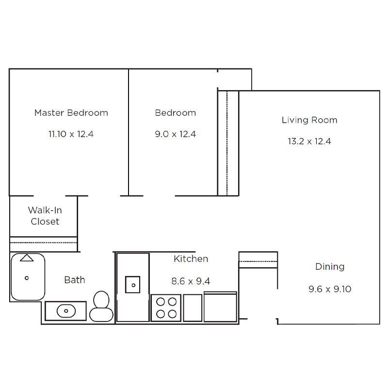 Floor plan showing two bedrooms, a bath, a walk-in closet, a kitchen, a living room, and a dining area.