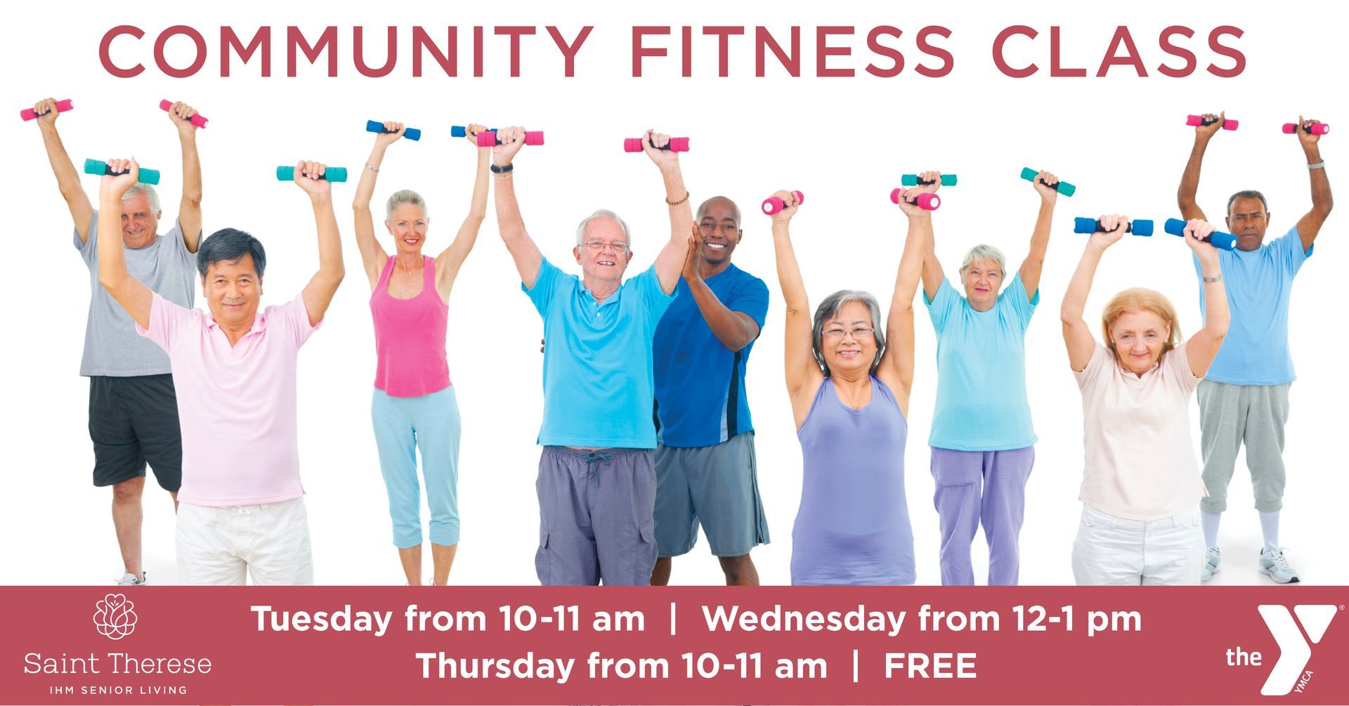 A flyer for a free community fitness class with group exercise times listed at the bottom.