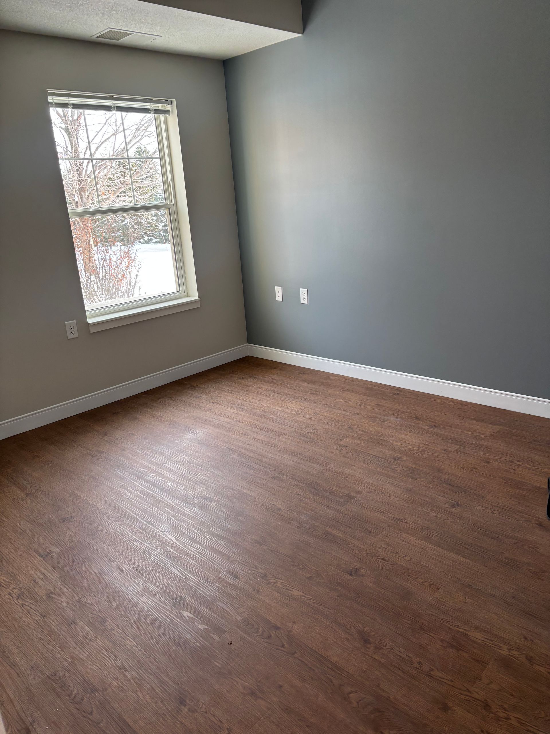 Empty room with light wood-look flooring, gray walls, a window showing a winter scene, and white baseboard trim.
