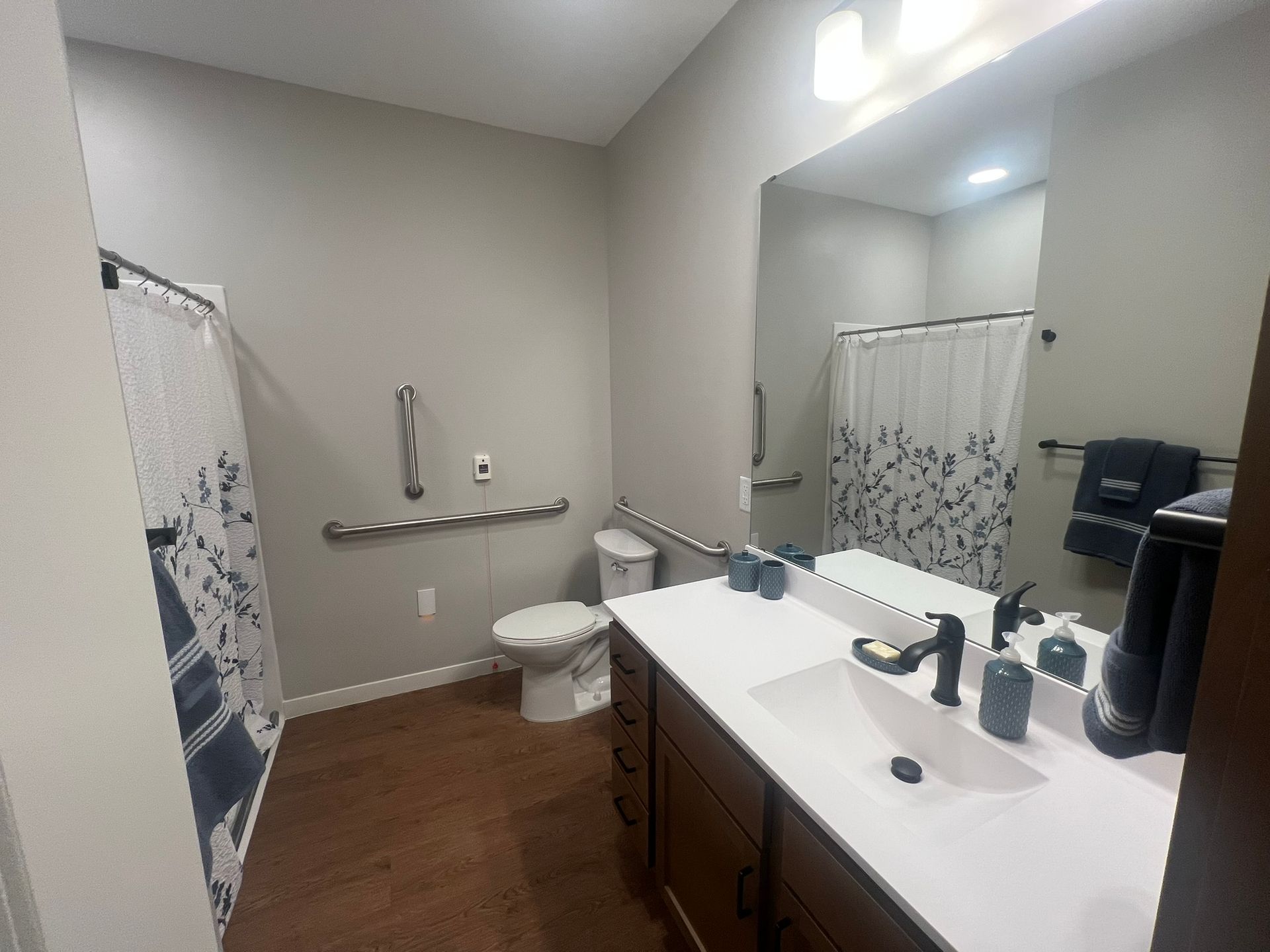 Accessible bathroom with a white vanity, a mirror, a toilet with grab bars, and a shower with a patterned curtain.
