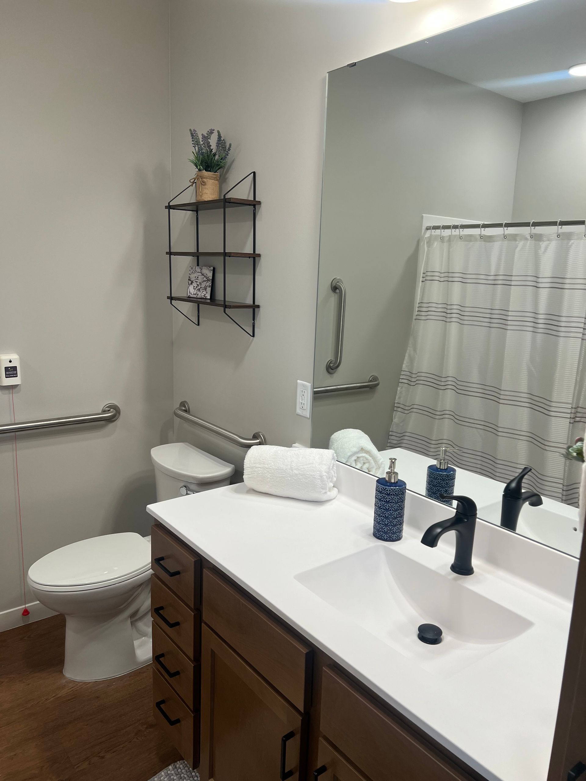 A modern bathroom featuring a white vanity with a black faucet, a toilet with grab bars, and a shower with a curtain.