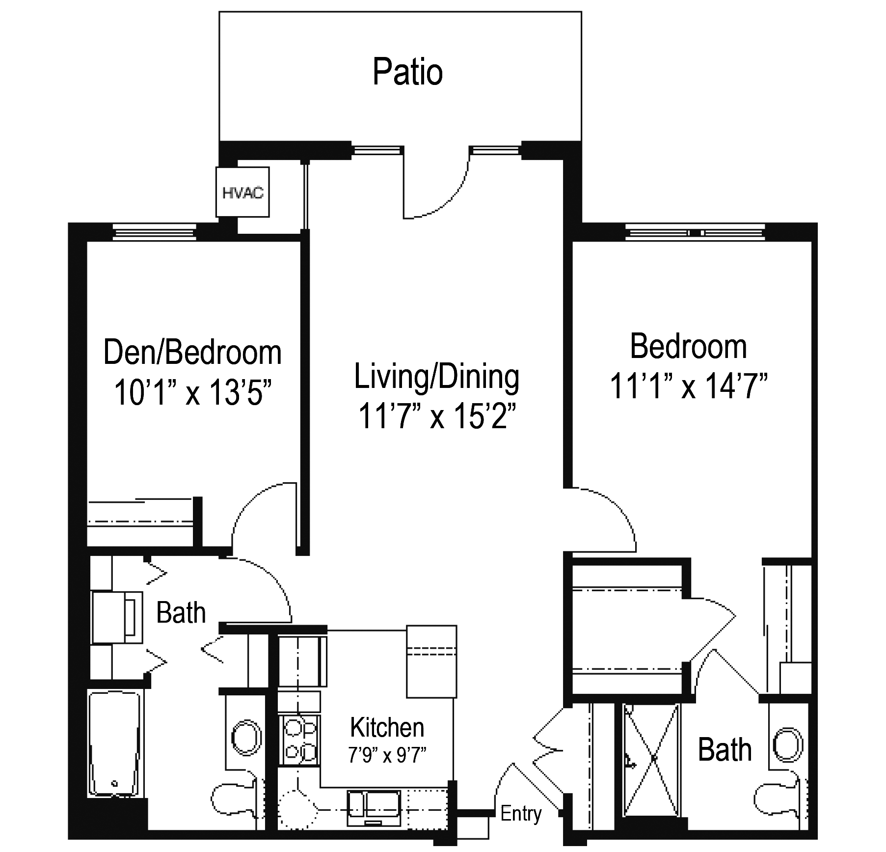 Floor plan of a two-bedroom, two-bath apartment with a central living/dining area, kitchen, and rear patio.