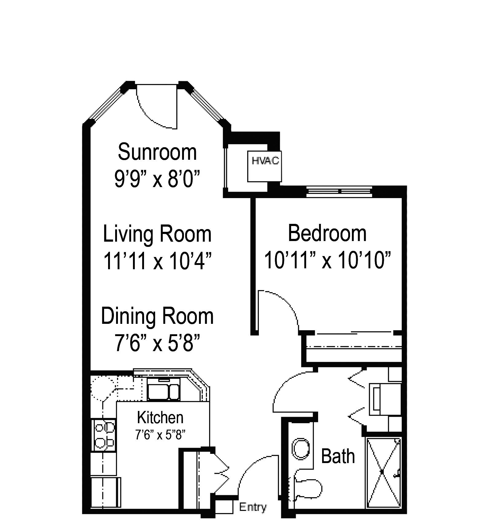 Floor plan for a one-bedroom apartment, showing the layout of the kitchen, dining room, living room, sunroom, and bathroom.