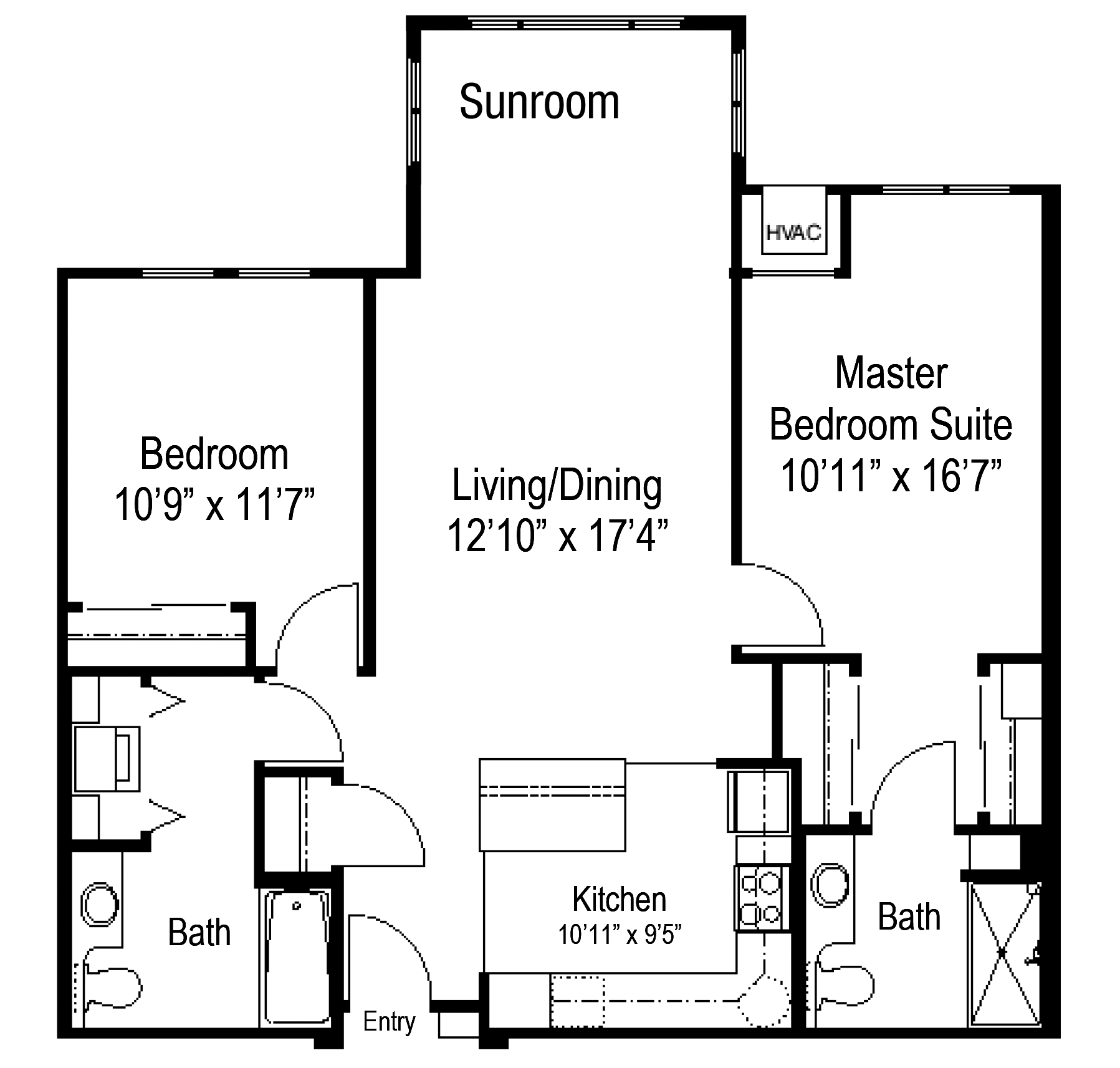 Floor plan of a two-bedroom, two-bathroom apartment with a kitchen, living/dining area, and sunroom.