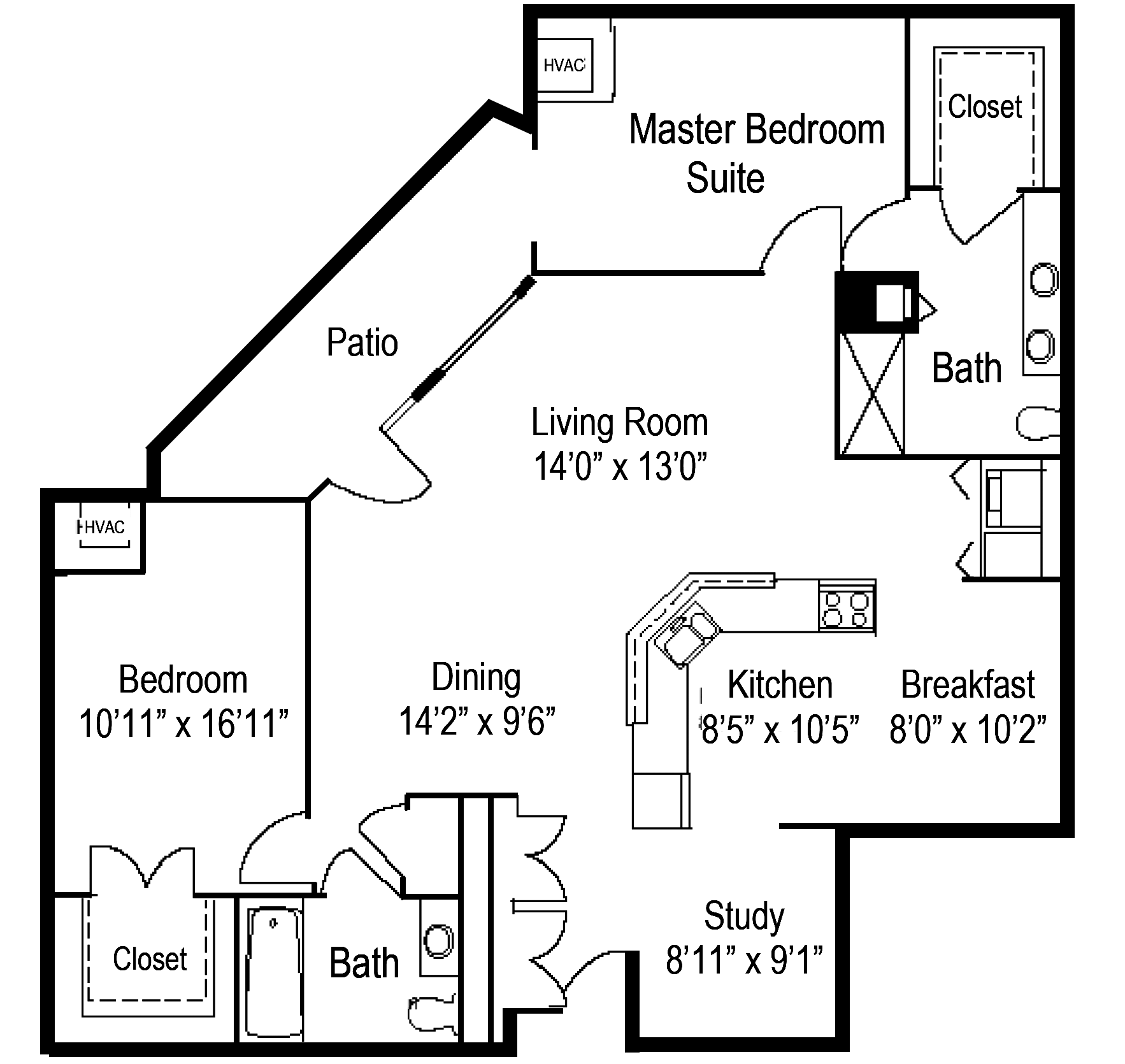 Floor plan of a two-bedroom, two-bath apartment with a living room, dining area, kitchen, breakfast nook, and study.