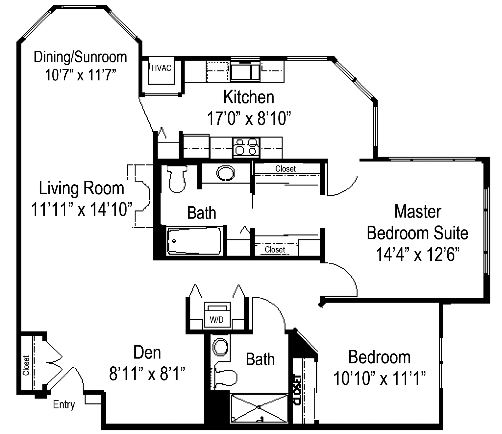 Floor plan showing a two-bedroom, two-bath apartment layout with a kitchen, living room, den, and dining/sunroom area.