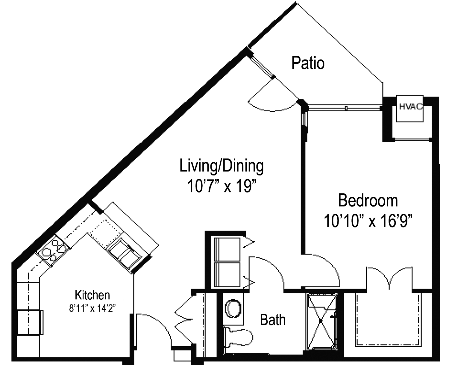 Floor plan of a one-bedroom apartment featuring an angled living area, kitchen, bathroom, bedroom, and outdoor patio.