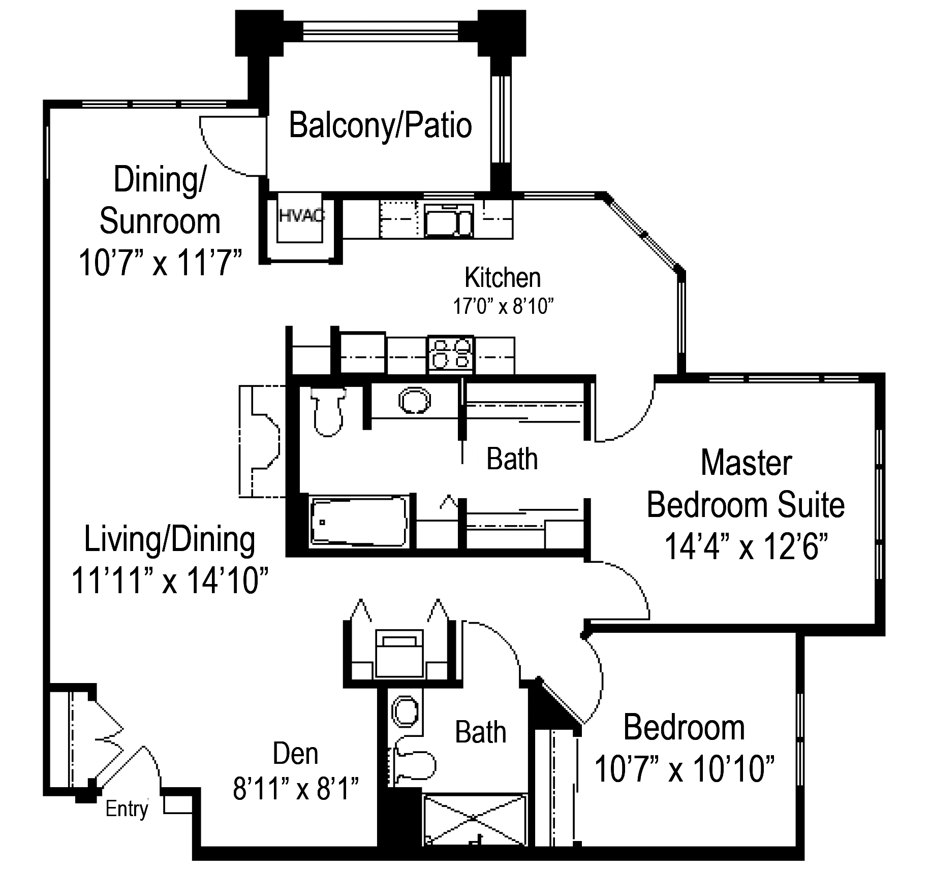 Floor plan for a two-bedroom apartment featuring a kitchen, two bathrooms, living/dining area, den, and balcony.