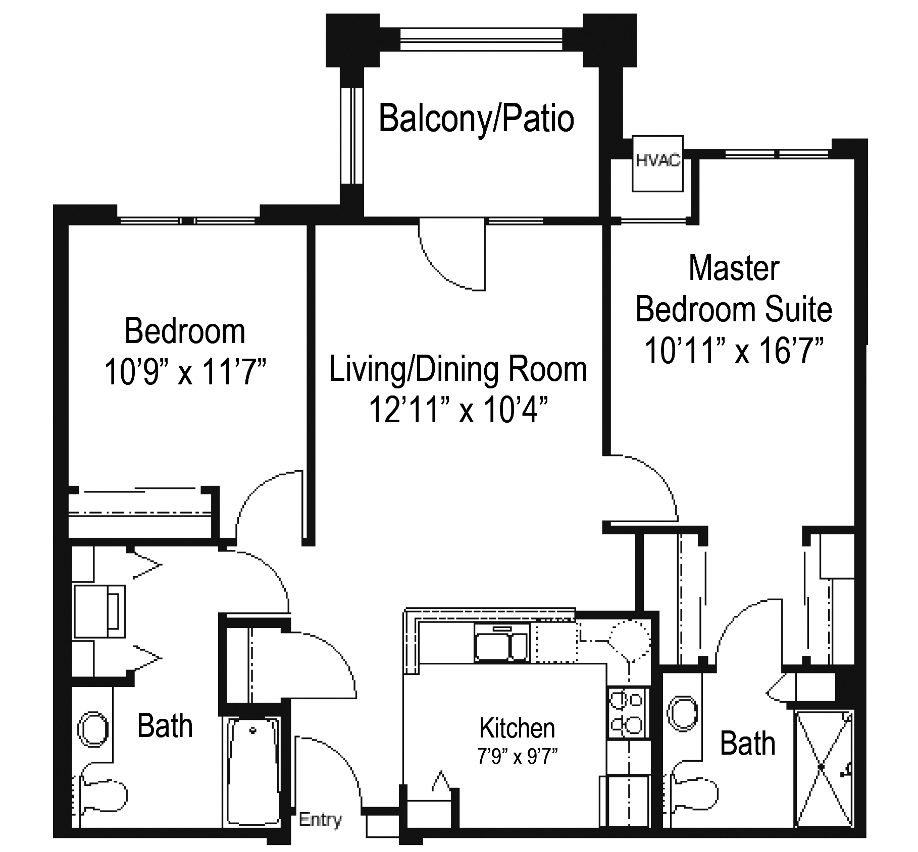 Floor plan for a two-bedroom, two-bathroom apartment featuring a living/dining room, kitchen, and balcony/patio.