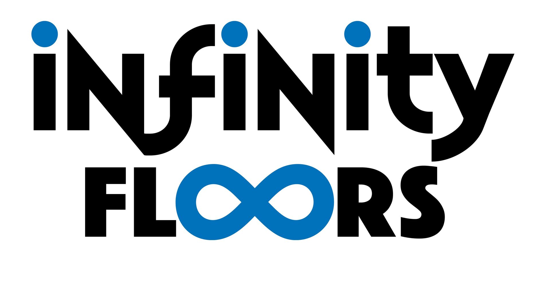 Infinity Floors logo in black with blue infinity symbols in the letters on a white background