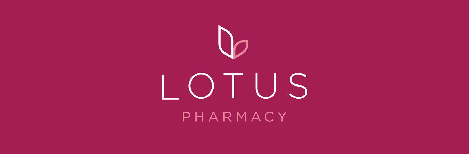 Logo for Lotus Pharmacy featuring a stylized white leaf icon above the word
