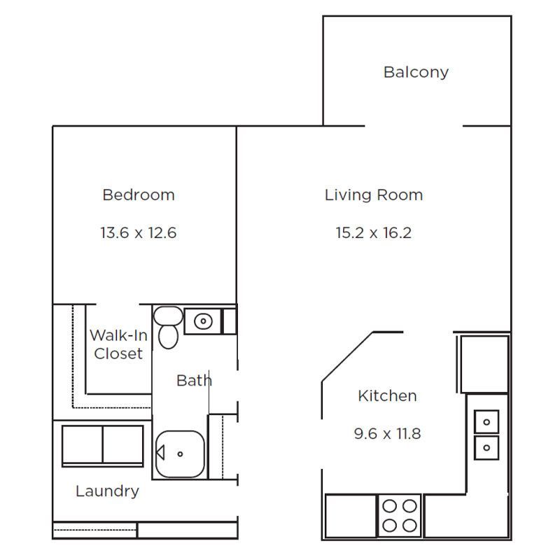 Floor plan of a one-bedroom apartment showing a bedroom, bathroom, walk-in closet, laundry, living room, and kitchen.