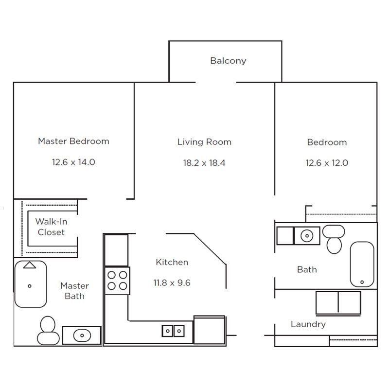 Floor plan for a two-bedroom, two-bath apartment with an open living room, kitchen, balcony, and laundry room.