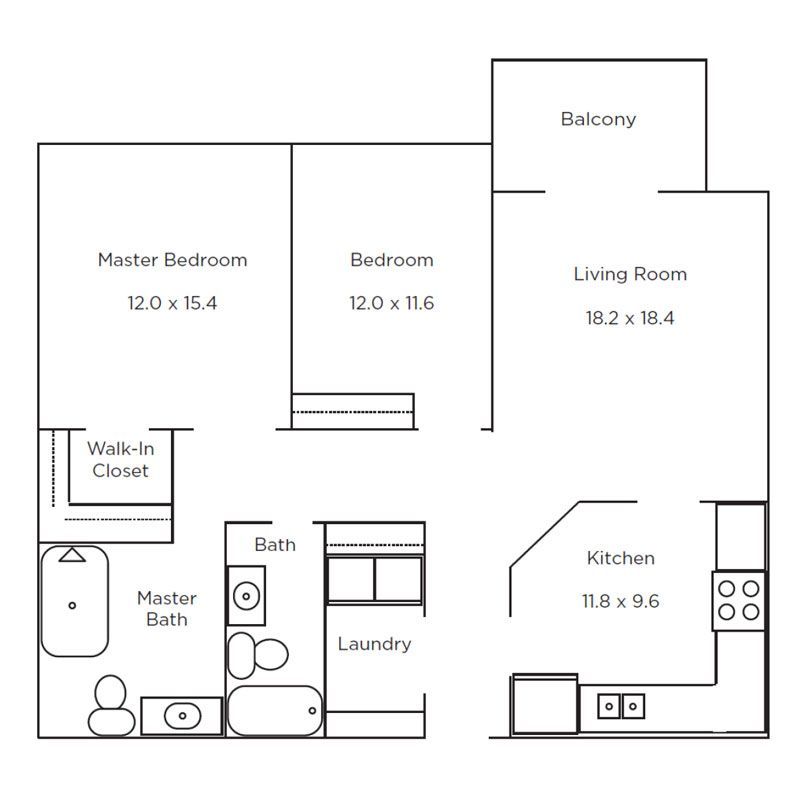 Floor plan for a two-bedroom apartment featuring a master suite, second bedroom, living room, kitchen, and two bathrooms.
