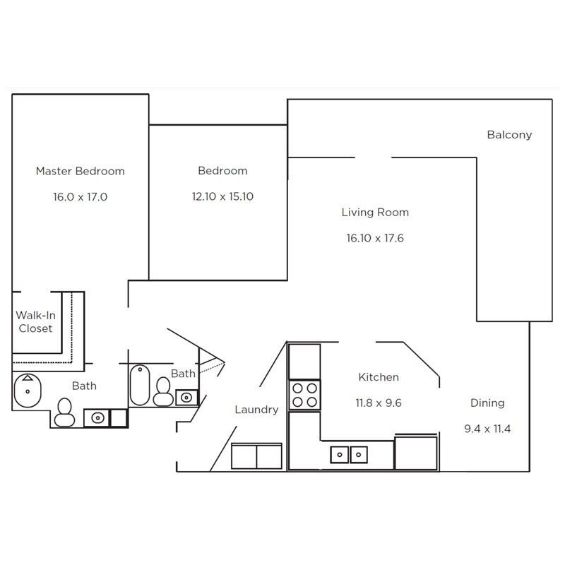 Floor plan for a two-bedroom, two-bath apartment with a balcony, living room, dining area, kitchen, and laundry room.
