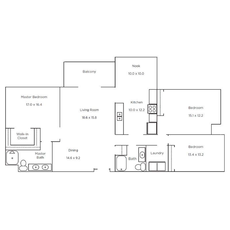 Floor plan of a three-bedroom apartment, showing the layout of rooms, kitchen, bathrooms, balcony, and laundry area.