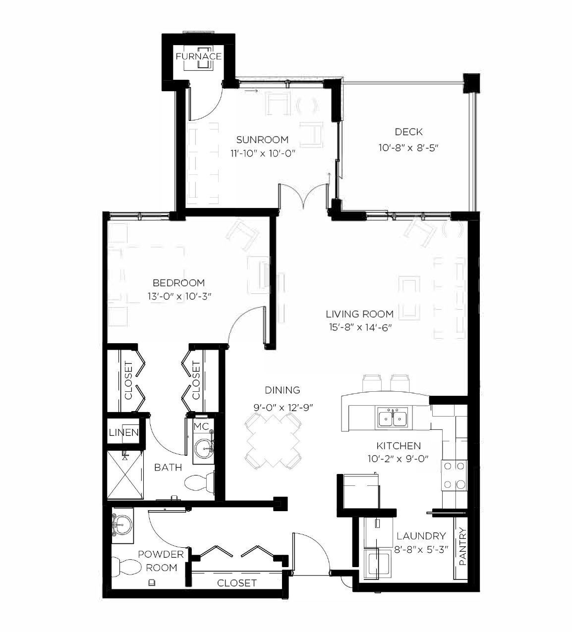 Floor plan of a two-bedroom apartment, featuring a central living and dining area, kitchen, two bathrooms, and a deck.