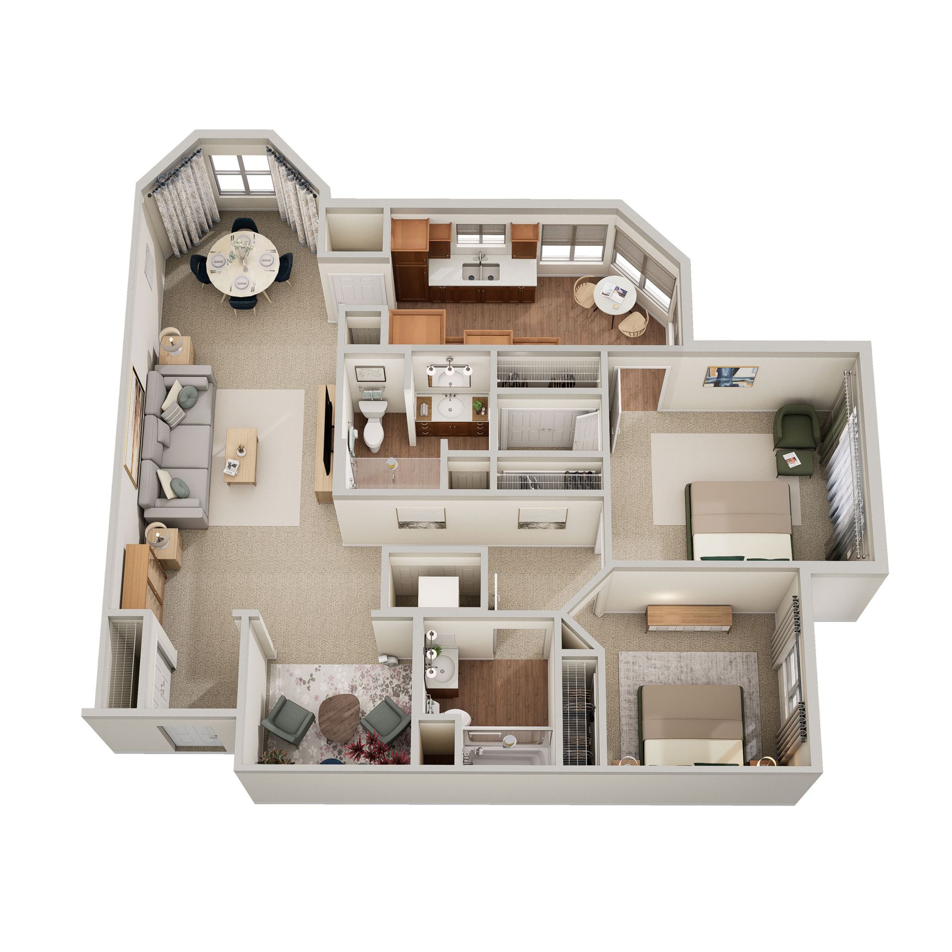 3D floor plan of a two-bedroom, two-bathroom apartment with an open living, dining, and kitchen area.