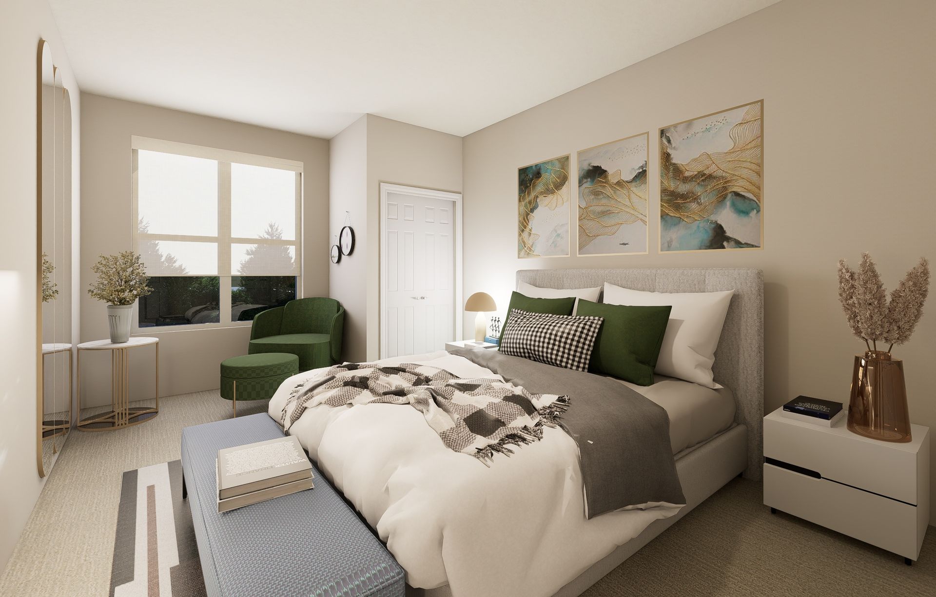 A modern bedroom featuring a bed with white and forest green bedding, three abstract paintings, and a green armchair.