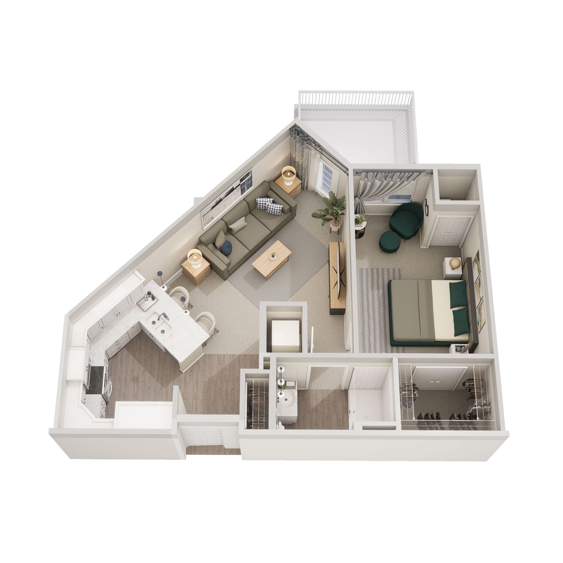 3D floor plan of a one-bedroom apartment with an open kitchen, living room, patio, bathroom, and walk-in closet.