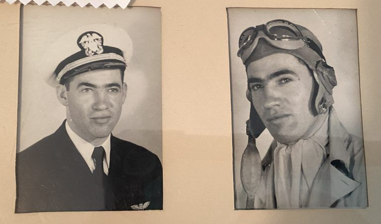 Two black-and-white portraits of the same individual: one in a naval officer’s uniform, the other in flight gear.