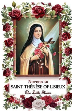 Portrait of Saint Thérèse of Lisieux holding a crucifix and roses, surrounded by a floral border with the title below.