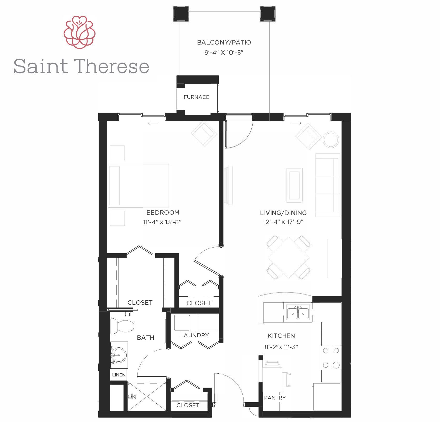 Floor plan for a one-bedroom Saint Therese apartment including a living room, kitchen, bath, and balcony.