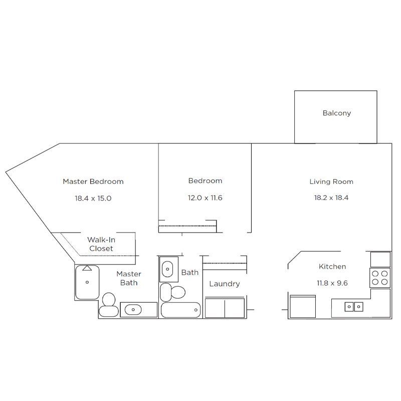 Floor plan of a two-bedroom apartment, showing the living room, kitchen, balcony, and two bathrooms with a walk-in closet.