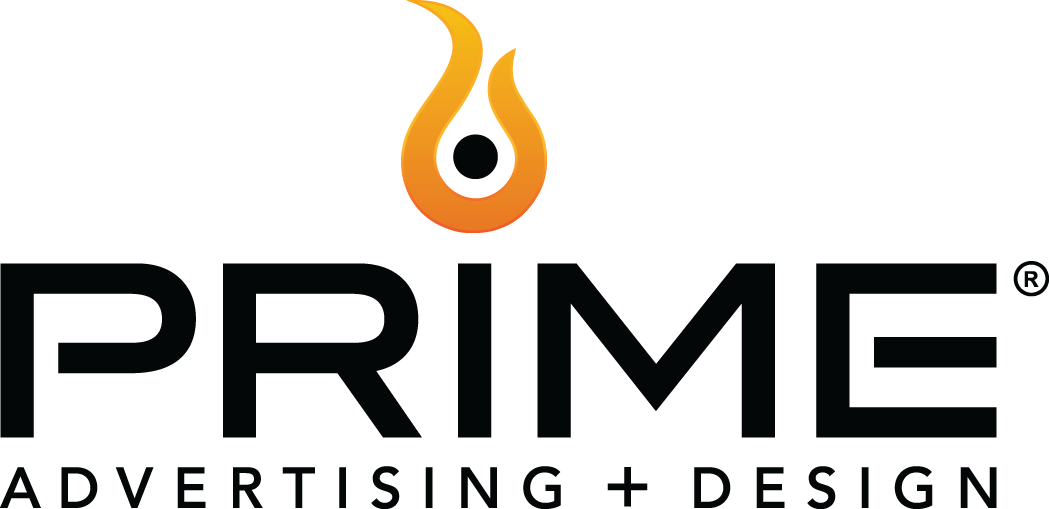 Logo for Prime Advertising + Design featuring a stylized orange flame icon above the black text 