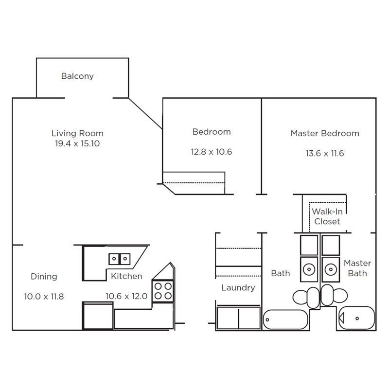 Floor plan for a two-bedroom, two-bathroom apartment featuring a living room with a balcony, dining area, and laundry room.