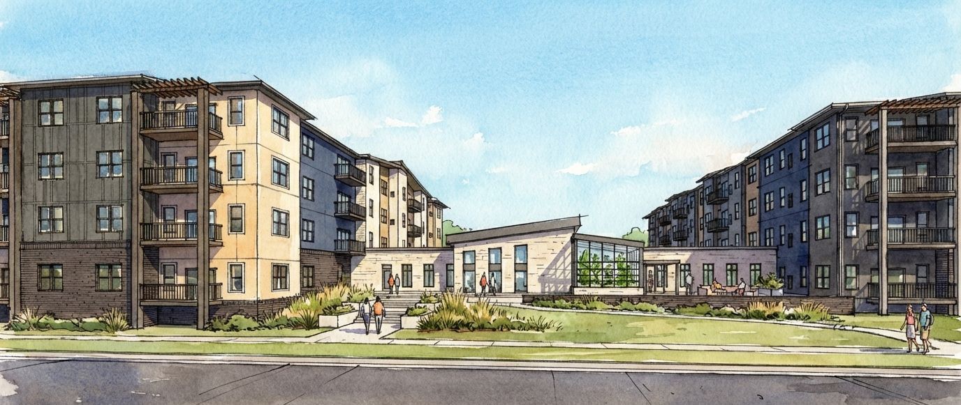 A watercolor rendering of a multi-story apartment complex with landscaped courtyards and neutral-toned exteriors.