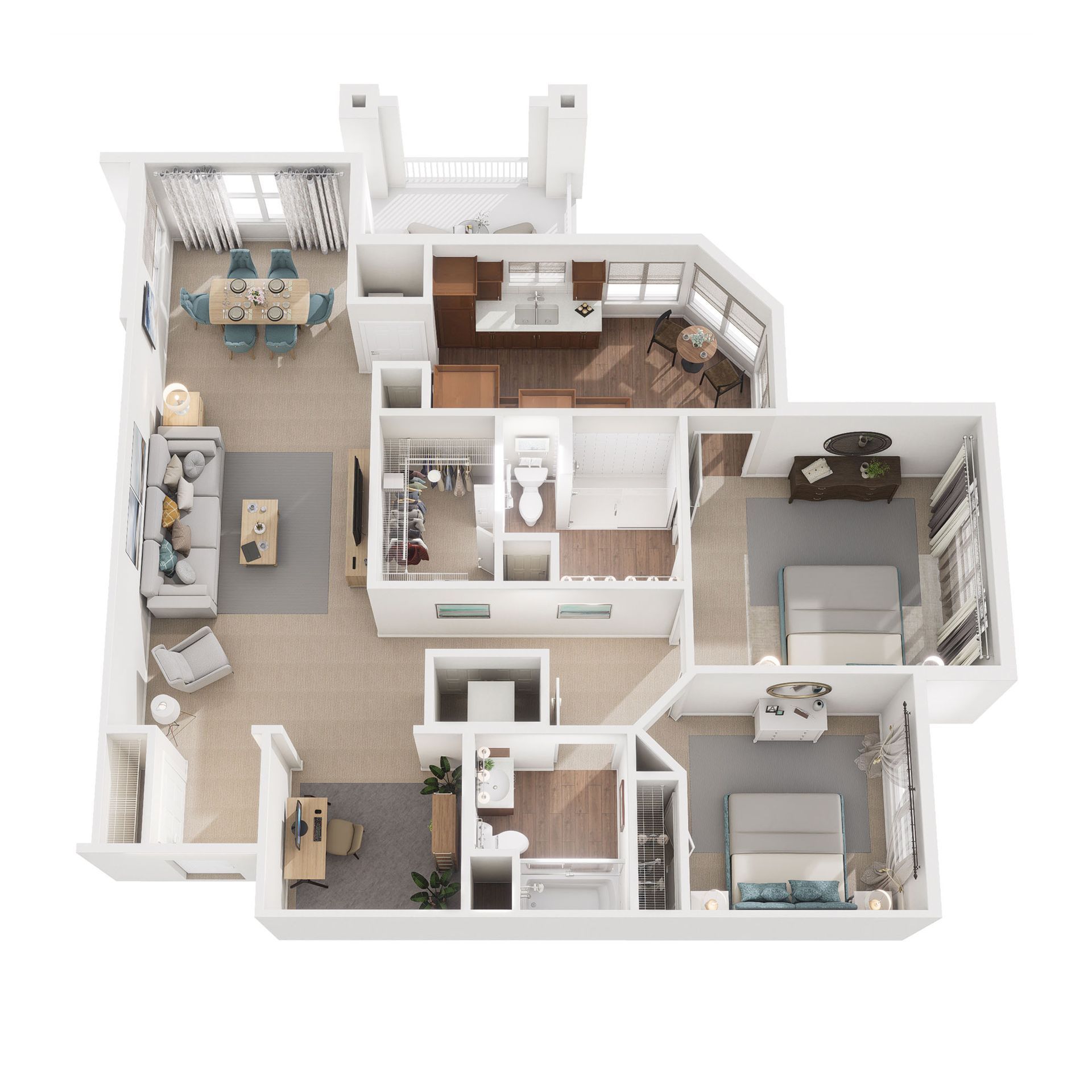 A 3D floor plan of a two-bedroom apartment, featuring an open-concept kitchen, dining, and living area with two bathrooms.