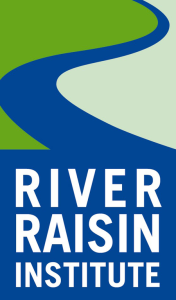 A blue, green, and white logo featuring a winding river graphic above the text 