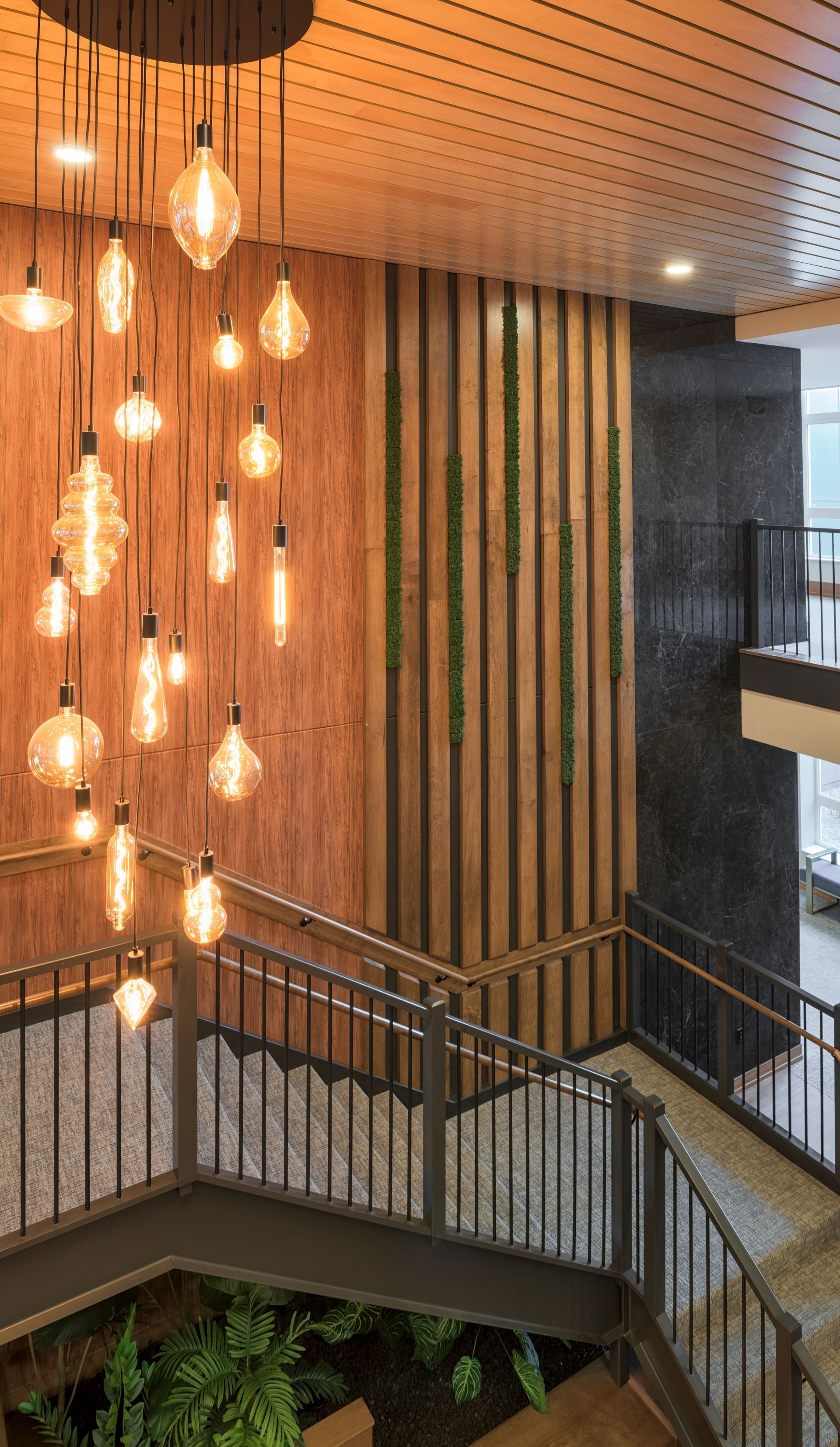 A modern staircase with a dark metal railing, featuring a prominent chandelier of hanging Edison bulbs against a wood wall.