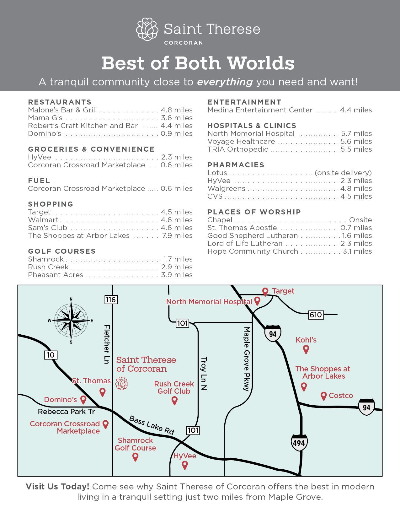A map and list of local amenities, businesses, and transit options surrounding the Saint Therese of Corcoran community.