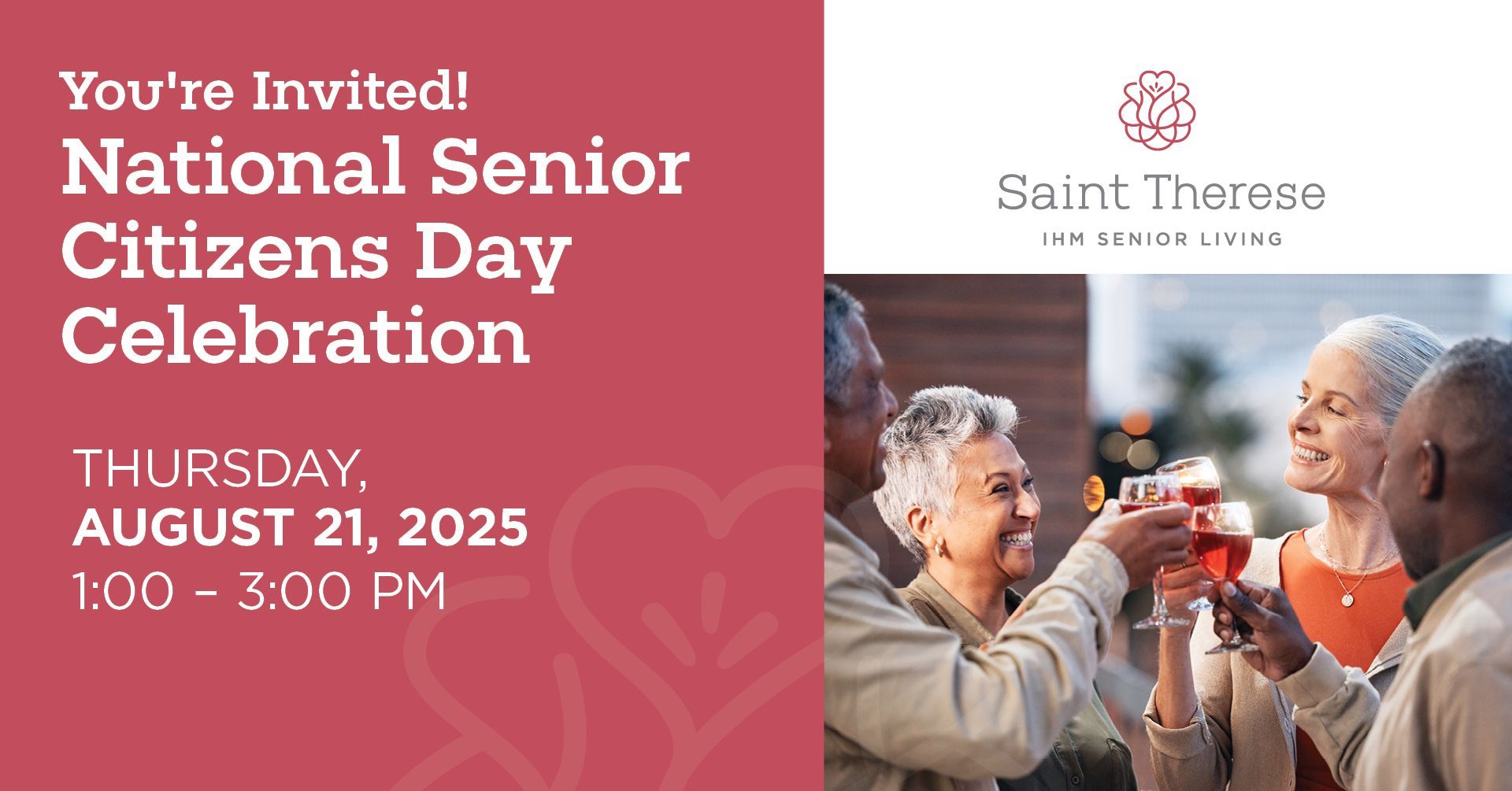 Invitation for a National Senior Citizens Day celebration at Saint Therese on August 21, 2025, from 1:00-3:00 PM.