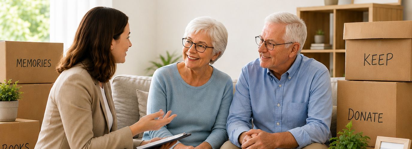 A woman and senior couple discuss strategies for downsizing their home with packing boxes in the background.